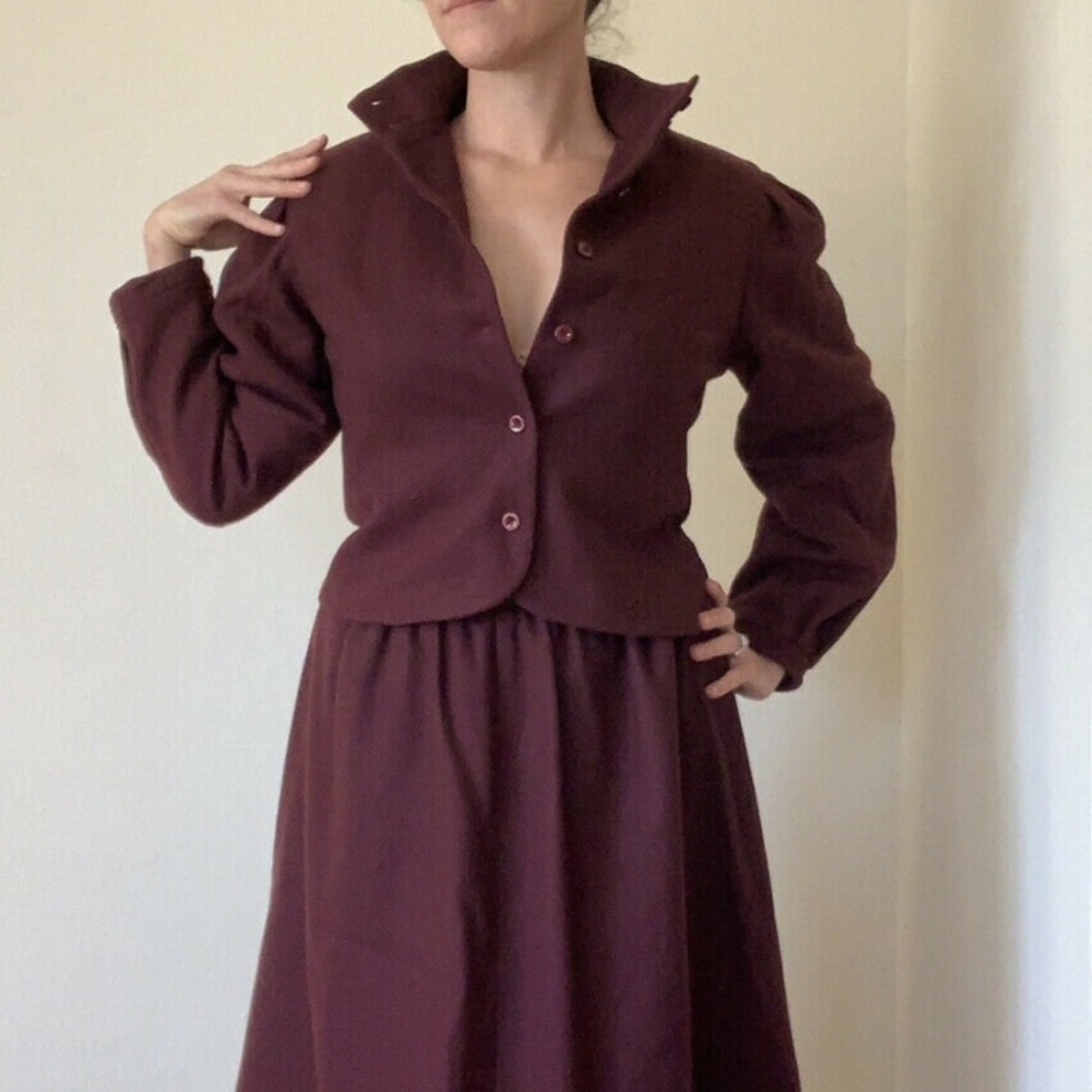 Vintage JH Wool 1970s Skirt Jacket Suit Wine Puff Sleeves S